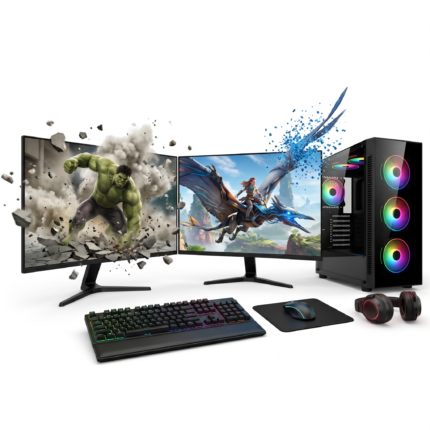 Gaming PC bundle. Intel core i7. 16GB RAM. GeForce GT730. 256GB SSD+1TB HDD. 2x22” Monitor. Windows 11. Wi-Fi. RGB Gaming Case. Entry level