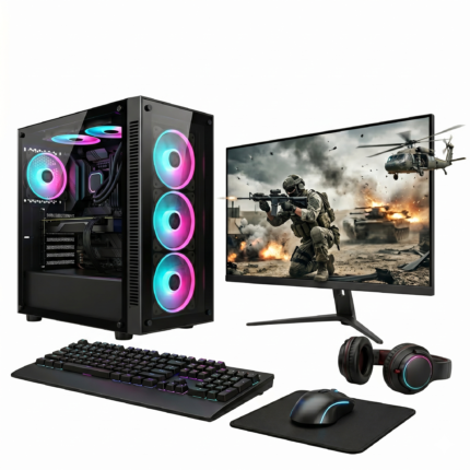Gaming PC Bundle. AMD Ryzen 3 3200G. Radeon Vega 8 Integrated Graphics. 16GB RAM. 256GB SSD+1TB HDD. 22” Monitor. Windows 11. Wi-Fi. RGB Gaming Case.